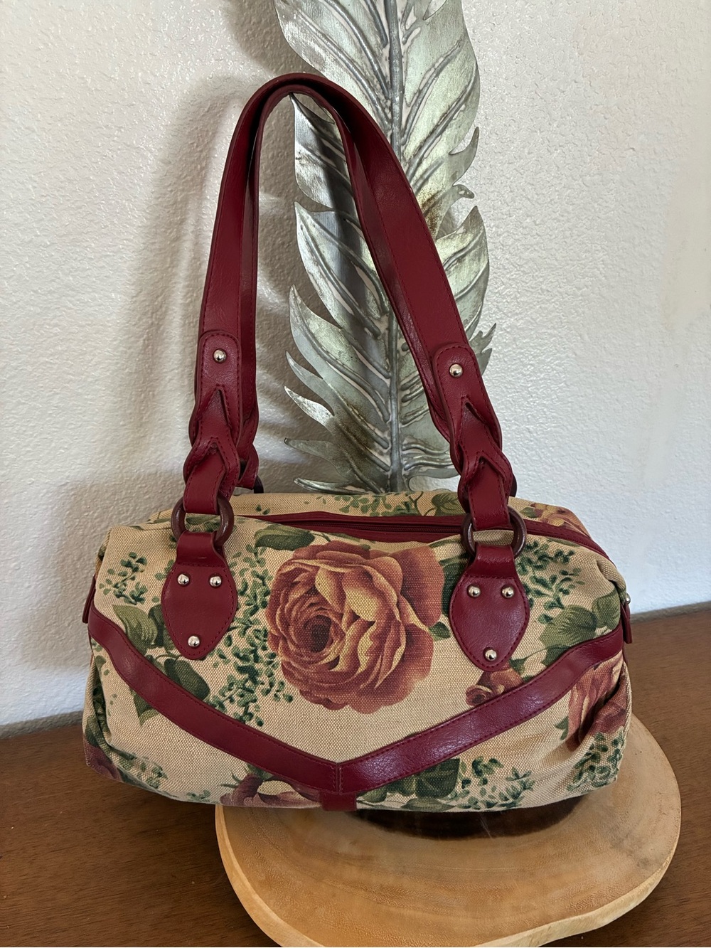 Stone Mountain Accessories Floral Canvas Shoulder Bag with Burgundy Trim